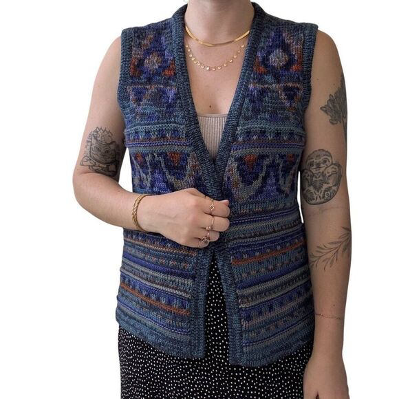 Vintage Manos Del Uruguay Hand Knit 100% Wool Purple Rainbow Sweater Vest sz M - Picture 2 of 7